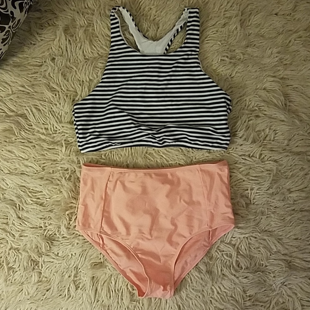 peach and stripe two-piece bathing suit